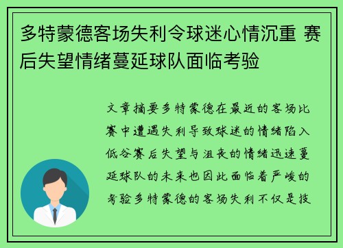 多特蒙德客场失利令球迷心情沉重 赛后失望情绪蔓延球队面临考验